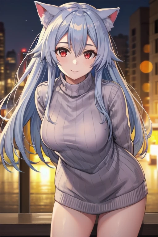 masterpiece, best quality, 1girl, tomoe gozen, torino style, glowing red eyes, smug smile, hair between eyes, silver long hair, cat ears, sweater, hands behind back, leaning forward, ultra-detailed, realistic, photorealistic, photo-realistic:1.37, HDR, UHD, studio lighting, ultra-fine painting, sharp focus, physically-based rendering, extreme detail description, professional, vivid colors, bokeh