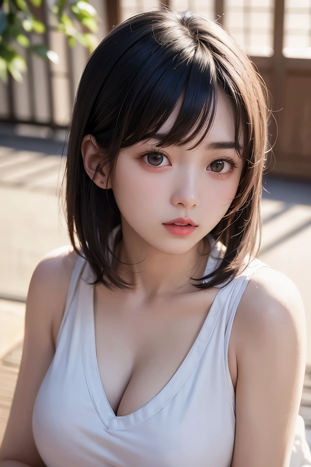 (1 nogizaka girl,raw photo,photo realistic:1.5),(best quality, high quality,HDR, highest quality,ultra high resolution,high resolution,high res,ultra high difinition,huge file size,8K,2K wallpaper,8K wallpaper,high quality texture,amazing,an extremely delicate:1.4),one girl, Japanese famous idol,beautiful face,small face,absurd,ridiculous,incredibly ridiculous,blurry background,(T-shirt,cleavage,no makeup:1.2),medium skin,beautiful skin,detailed skin,black hair,silky hair,(Japanese eyes:1.3),detailed eyes,black eyes,Japanese idol eyes,triangle eyes,Japanese nose,5-fingers,(Light Particles, Lens Flare, Luminous Particles: 0.7),looking at viewer,bright lighting,professional lighting,girl