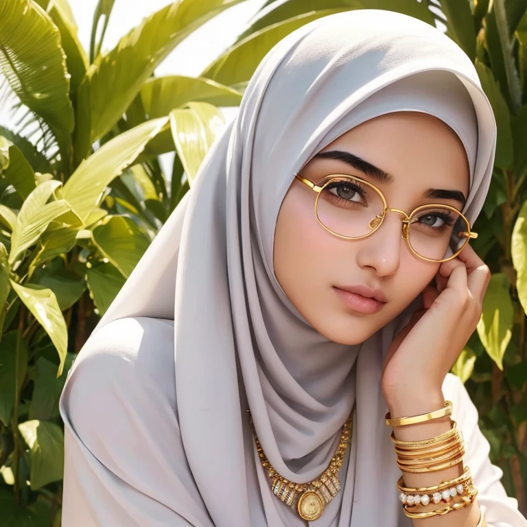 A beautiful high school glasses Arabian 17 years old girl model, white skin, sharp nose, thin lips, circle face, very big breast, tight bra, wearing hijab, golden indian bangle and bracelet, golden necklace, golden swiss polo watch, kissing a man, squinting eyes, detailed horny face