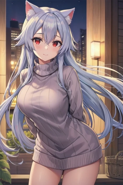 masterpiece, best quality, 1girl, tomoe gozen, torino style, glowing red eyes, smug smile, hair between eyes, silver long hair, cat ears, sweater, hands behind back, leaning forward, detailed facial features, elegant expression, serene atmosphere, dynamic pose, soft light, warm color palette