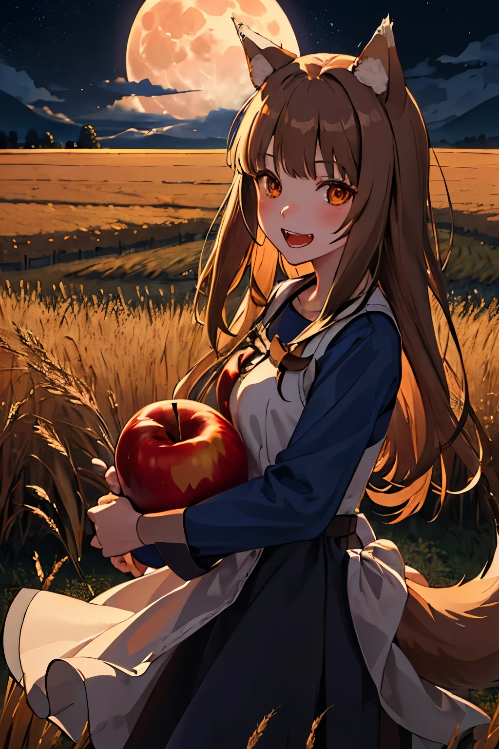 highest quality、High resolution、1 girl、alone、holo、犬teeth、teeth、(Bangs alignment、Light brown hair、Wolf Ears、Ending、Run、Navy Blue Dress、Wheat field at night、full moon、Has a big tail、She has an apple