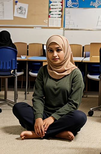 Muslim young woman sitting on the floor in a classroom