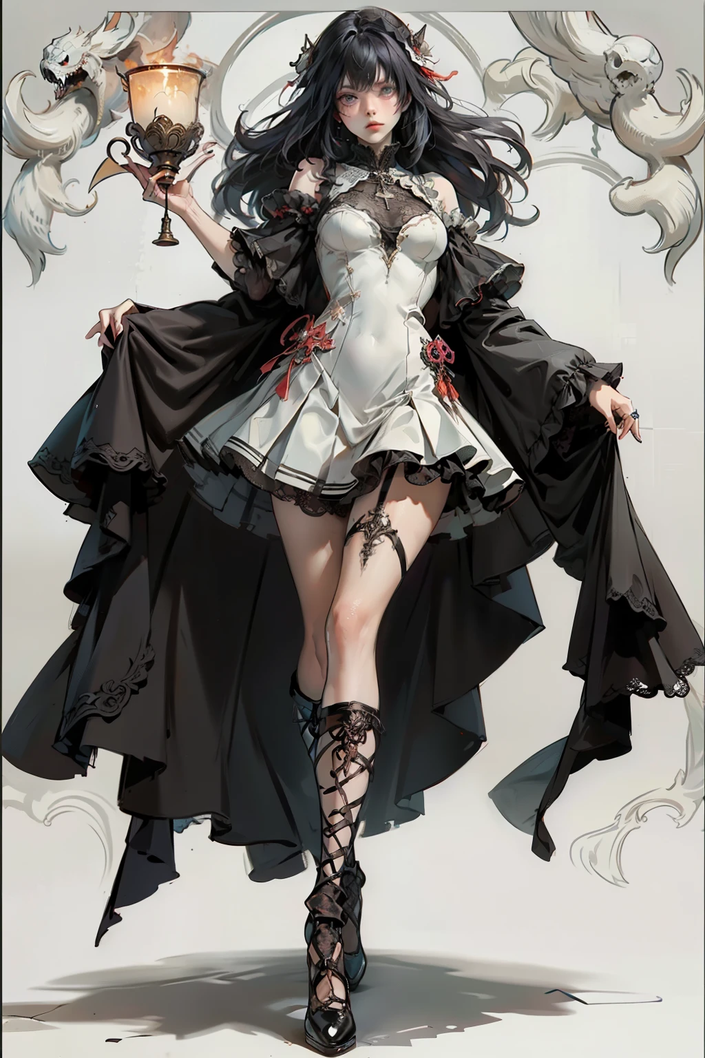 ((best quality)), ((masterpiece)), (detailed), blank white background, plain background, white background, red and white clothing, Bloodborne inspired, occult aesthetic, occult, detailed and intricate steampunk and detailed gothic, NSFW, Very dramatic and cinematic lighting, cosmic horror, grim-dark, side-lighting, perfect face, NSFW, Fluttering lace flared long knee length dress with frilly petticoats, knee length dress, pleated petticoats, lolita dress, petticoats gothic lolita, complex lace boots, side-lighting, gothic lolita aesthetic, with a huge overflowing chalice, chalice, NSFW, beautiful small breasts, small breasts, full body, whole body, body, plain background, white background, blank background, no background, white background NSFW, full body, whole body, head-to-toe NSFW