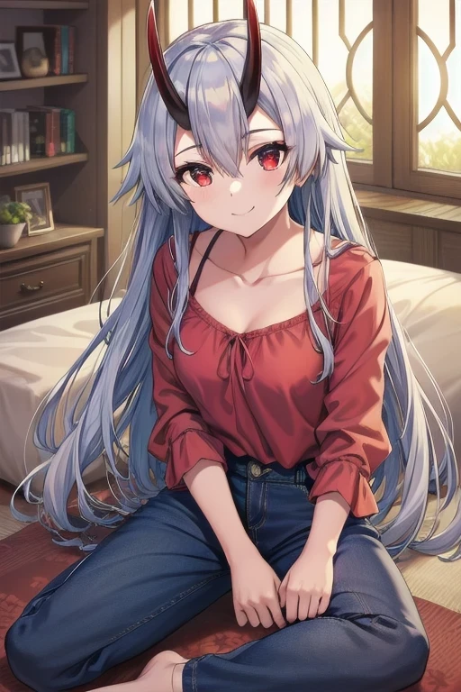 masterpiece, best quality, 1girl, tomoe gozen, torino style, red eyes, cute smile, hair between eyes, silver long hair, oni horns, blouse, small cleavage, pants, sitting