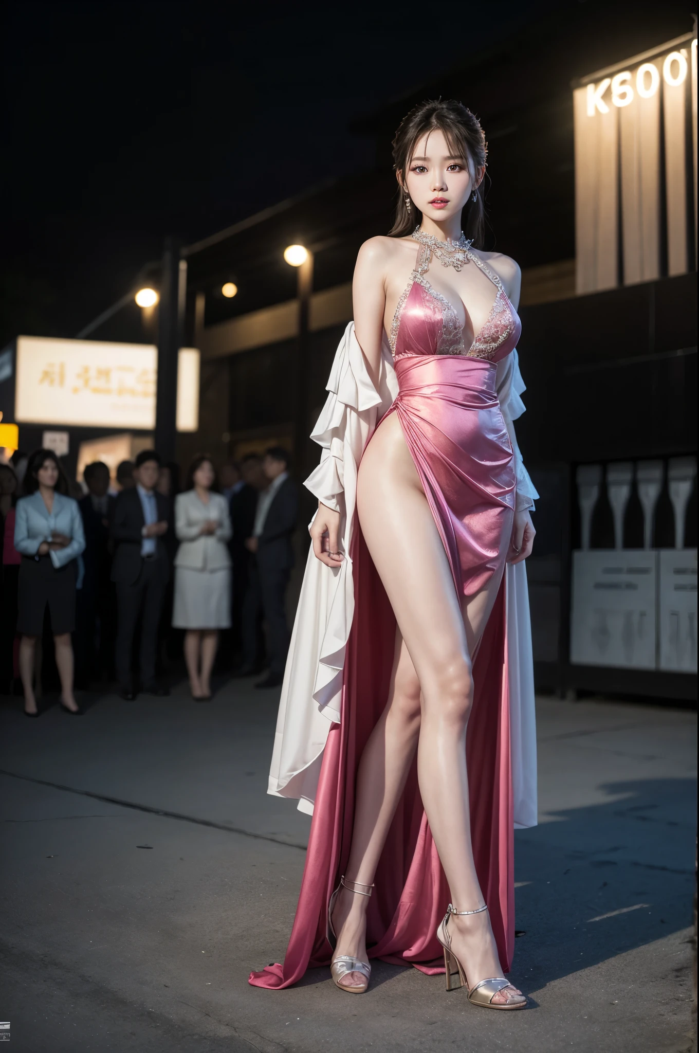 /I took a full body shot of a Korean beauty wearing a colorful evening gown in an outdoor setting at a fashion show. Her hairstyle, jewelry, and clothing were all conservative. The clothes covered most of her skin. She has delicate makeup, lipstick and fair skin. Beautiful hands, different styles of reflective stockings, slender figure, well-proportioned legs, standing in various shooting positions --ar 9:16 --style raw --stylize 1000 --v 6
