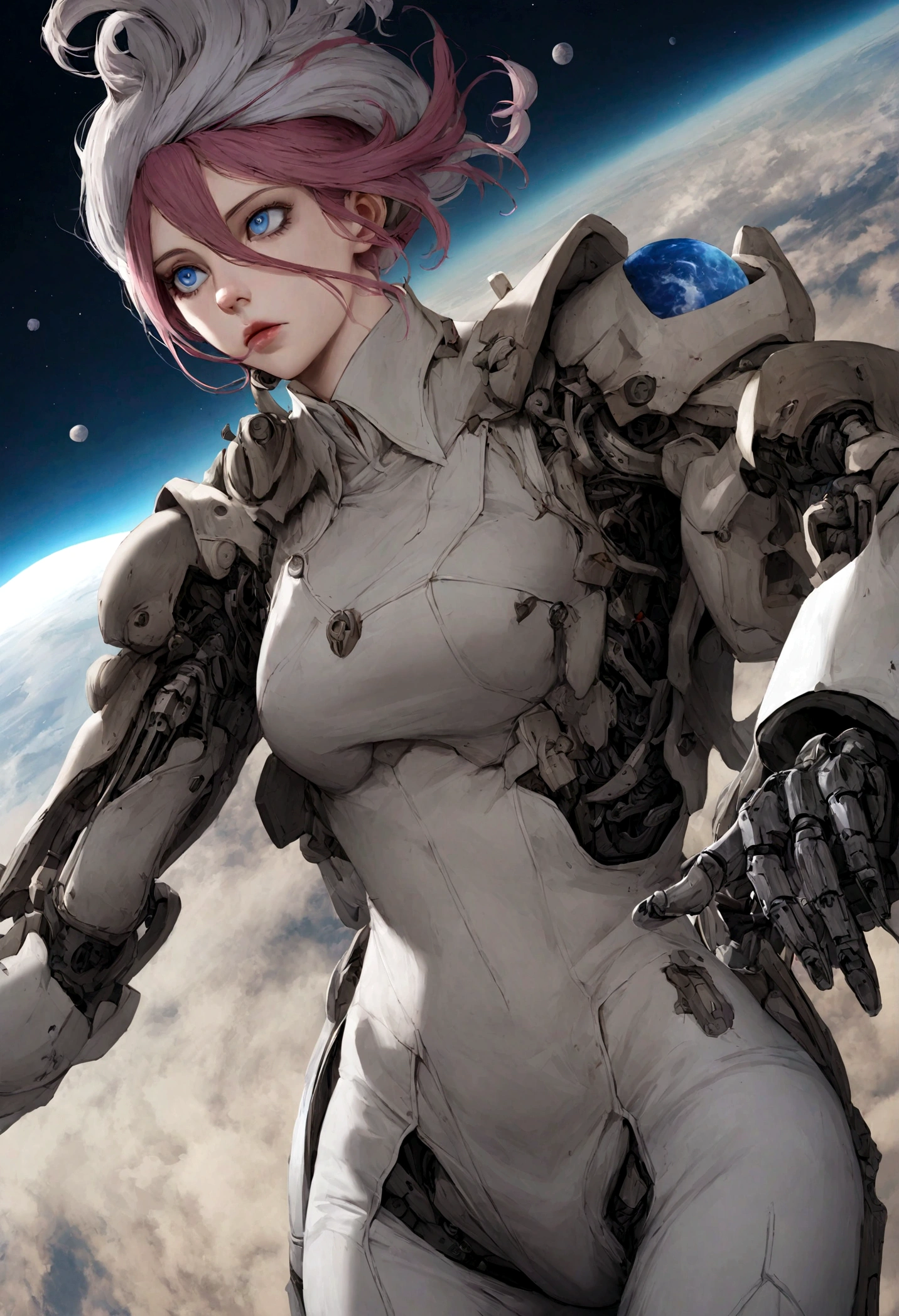 uma garota de cabelo loiro longos, de corpo inteiro, blue eyes and mechanical arm in space