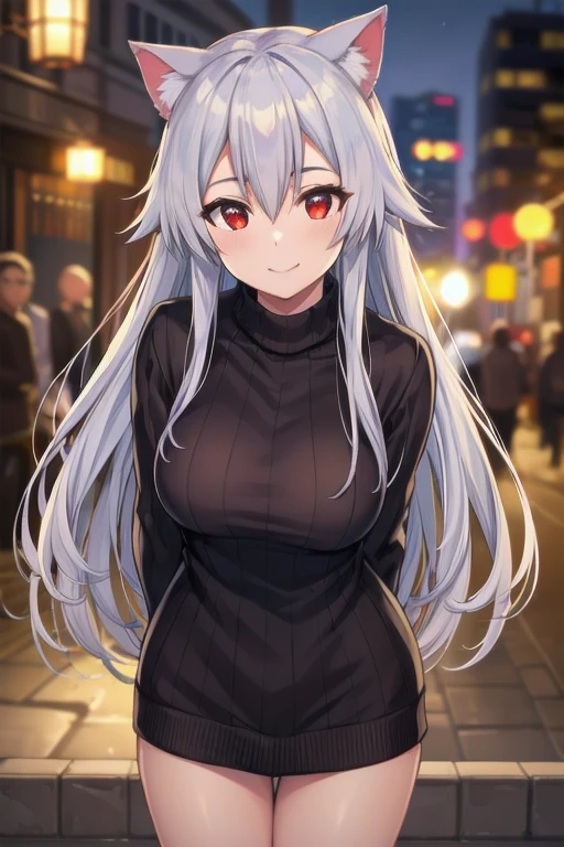 masterpiece, best quality, 1girl, tomoe gozen, torino style, glowing red eyes, smug smile, hair between eyes, silver long hair, cat ears, sweater, hands behind back, leaning forward, realistic, photorealistic, photo-realistic:1.37, HDR, UHD, studio lighting, ultra-fine painting, sharp focus, physically-based rendering, extreme detail description, professional, vivid colors, bokeh