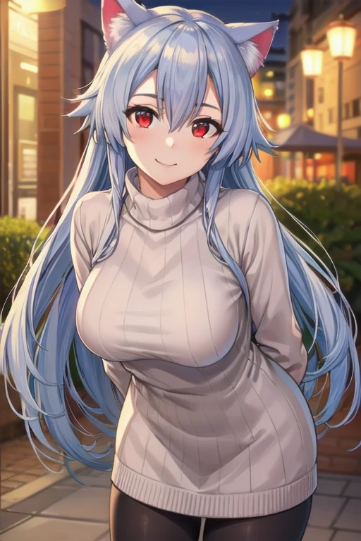 masterpiece, best quality, 1girl, tomoe gozen, torino style, glowing red eyes, smug smile, hair between eyes, silver long hair, cat ears, sweater, hands behind back, leaning forward, realistic, photorealistic, photo-realistic:1.37, HDR, UHD, studio lighting, ultra-fine painting, sharp focus, physically-based rendering, extreme detail description, professional, vivid colors, bokeh