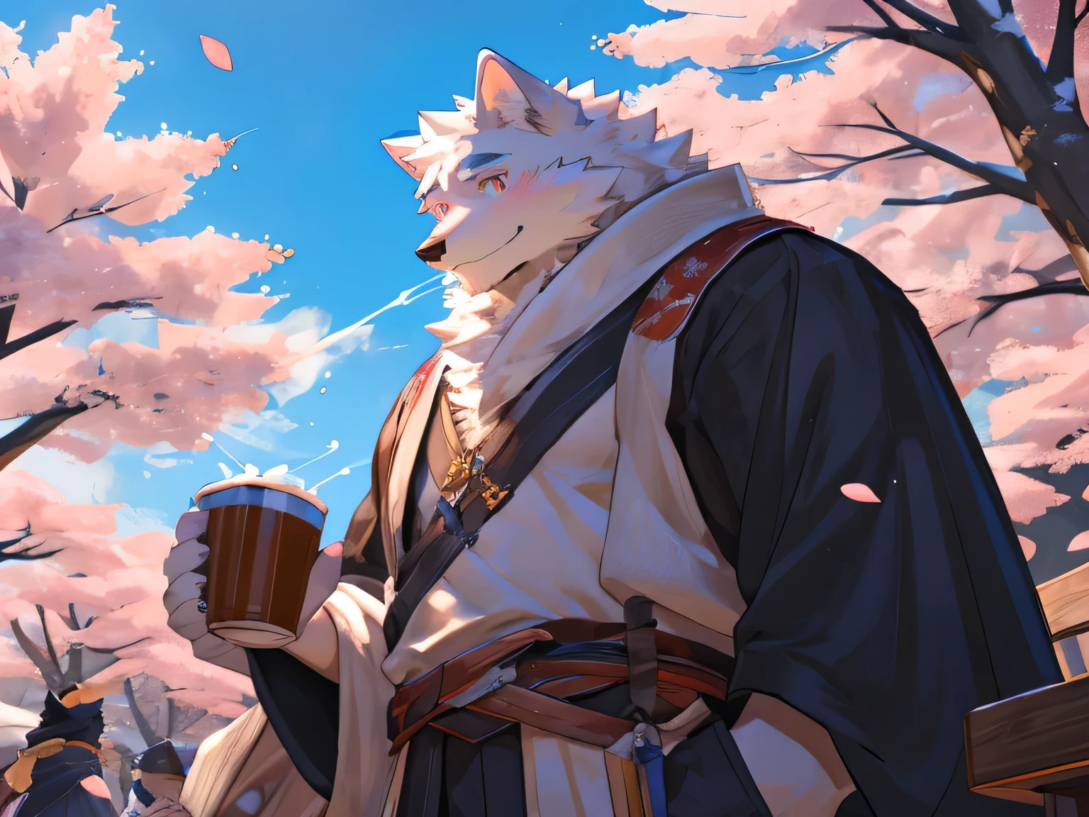 Write shots：A person sitting on a bench，There is a Samoyed on the bench, Concept art by Shitao, art station, Furry art, MuscleSamoyed Orc, pov Furry art, Hairy chest, high resolution committee, furry samoyed, (SFW) Work, SFW version, puffy breasts, furry fantasy art, Hairy Body Male - **Samoyed**，snow white fur，Golden Eyes，smile and blush。Wearing a beige sweater，Wearing a pink scarf，Holding a cup of pearl milk tea in hand。Sincere eyes。spring park，Cherry blossom trees all over the sky，petals falling in the wind。sunlight through treetops，The ground is dotted with pale pink petals - either below or above the image，Write it in a warm font：`&quot;In this cherry blossoms falling，Spend every minute with me.&quot;`