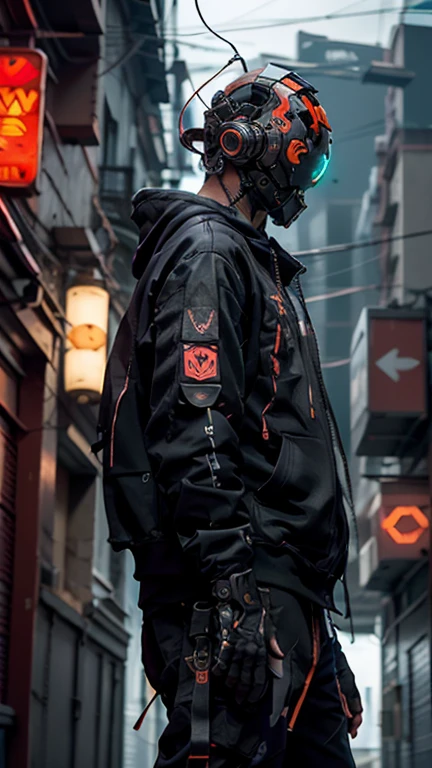 (obra maestra, plano de cuerpo completo, Intricate raw photography)Ciudadano cyberpunk, Oversized extra asymmetrical black hoodie, pantalones cargo negros, ropa negra, oscura, tactical gloves, el lleva puesto un cyberhelmet futurista color negro de alta tecnologia, brillante, algo parecido a daftpunk, muy intrincado, Small LED details, Advanced technology closed helmet, ambiente oscuro, dramatico, luz y sombra, ((Kinematic, Black neon,)) action film, nitidez, neon-noir ciudad moderna, street neon lights, calle oscura, noche, foto de Insta, Photo of the Year, Epic resolution, Epic Quality, Epic sharpness, Intrincada epopeya,urban techwear,Reelmech
