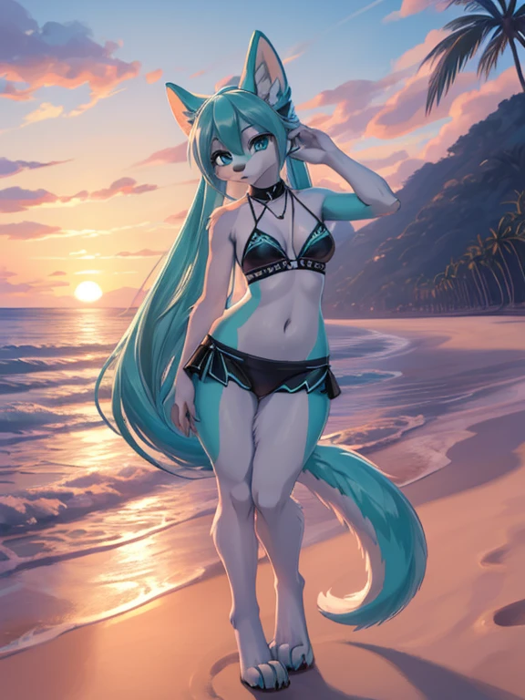 (Maxima calidad), ((la mejor definicion)) Miku Hatsune antropomorfica, furry art, ojos azul intenso ((la mejor calidad)), recostada sobre su lado izquierdo, pose medio lateral, descalza, patas bien definidas, la mejor calidad, beach landscape al atardecer
