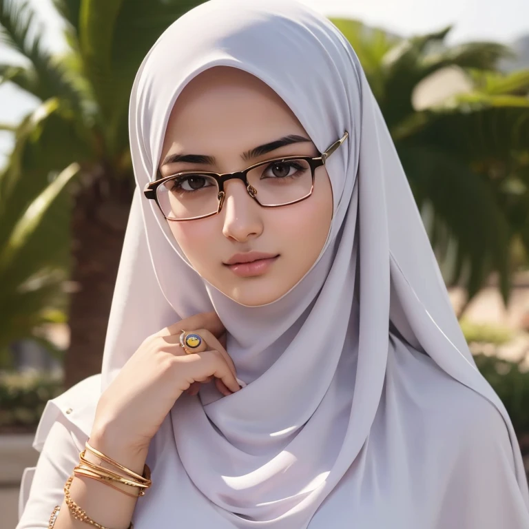 A beautiful high school glasses Arabian girl model, white skin, sharp nose, thin lips, circle face, tight bra, wearing hijab, bangles, bracelets, necklaces, swiss polo watch, holding her breast, squinting eyes, detailed horny face