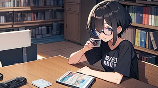 A girl with glasses eating cup ramen alone late at night,Plain,Black-rimmed glasses,Short Hair,My hair is messy,Confused eyes,Small breasts,「The demon appeared」A T-shirt with the words,Grey Swit,Private room,background(Stacked Gundam models,Bookshelf with comics,DS,PSVita,Gundam poster,Laptop on desk),more detailed,masterpiece,high quality,perfect face,perfect hands