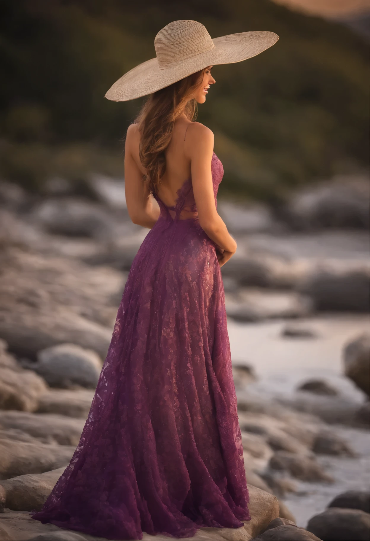 1 garota, Obra de arte, extremamente detalhado, (lindo brilho detalhado), reflexo de lente, cabelo branco, cabelo curto, cabelo flutuante, looking back, back to back, sorriso, olhos azuis, vestido branco, medium breasts, tronco, plano amplo, straw hat, ((Salar de Uyni)), Nascer do sol, nuvens, backlight, purple sky, yellow sky, gradient sky, hands in hat
