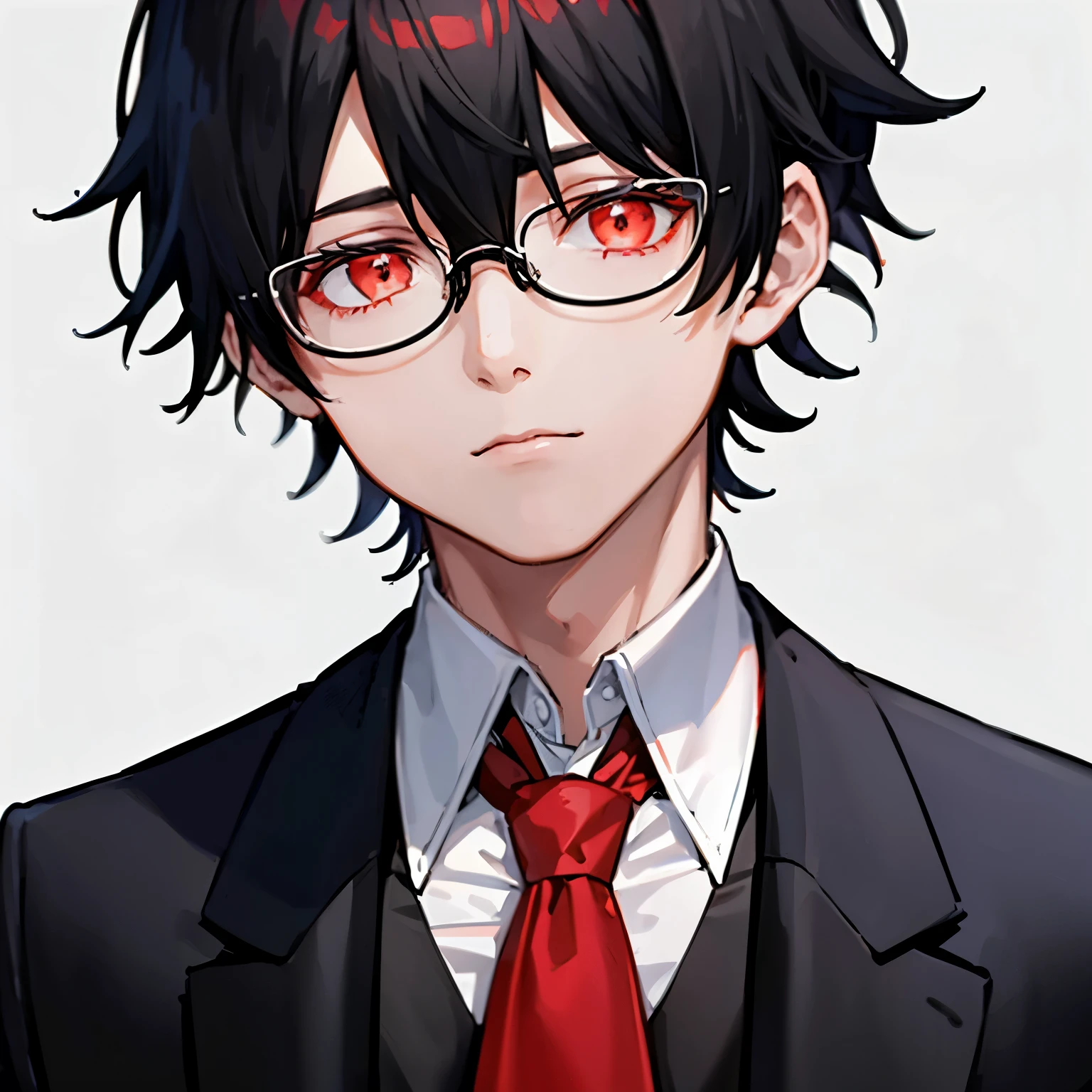 1boy, black_medium_hair, asymmetrical_bangs, glasses, red_waistcoat, white_dress_shirt, navy_blue_ascot_tie