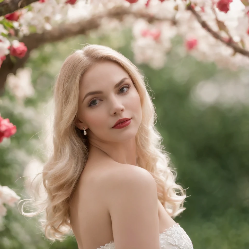a thin blonde with an American body, ((body measurements 42-26-40)) (( silicone breasts size 75Ĺ )) (((large, thick and round breasts))) ((( thick and round ass ))) eyes greens.   beautiful red lips wearing white high-top brita wedding dress, gloves.  standing in a square full of flowers