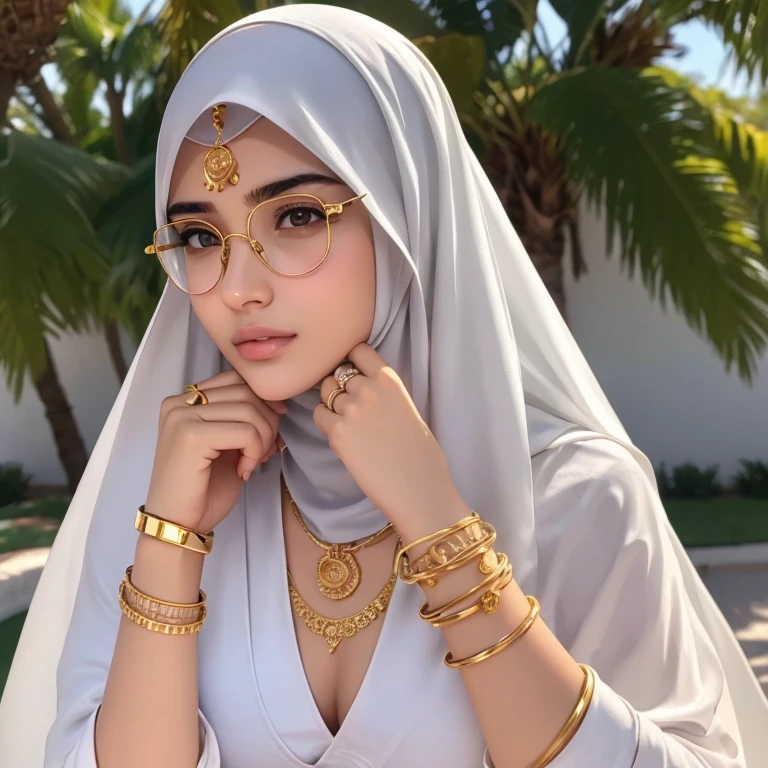 A beautiful high school glasses Arabian  girl model, white skin, sharp nose, thin lips, circle face, tight bra, wearing hijab, golden indian bangle and bracelet, golden necklace, golden swiss polo watch, kissing a man, squinting eyes, detailed horny face