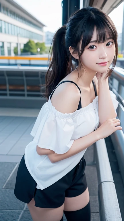 8K、Detailed Description、Very high definition、Realistic、reality的、Real、live-action、reality、High resolution、Nogizaka46、japanese idol,beautiful girl、21 years old、Dark brown eyes、sunny、summer、blue sky、Railway stations、Are standing、Back view、look back、Off-the-shoulder tops、Black shorts、over the knee socks,Straight Hair、ponytail、Bangs、blunt bangs,light smile,closed mouth,Knee-up-top angle of view、Back view、look back、Very black hair、pretty girl、Beauty、Glowing Skin、Glowing Skin、Shiny Hair、Hair blowing in the wind、Very white skin、Heavy makeup、Large Breasts、Slit eyes、Big Eyes、Dark brown eyes、Double eyelids、Don't show your teeth、Hang the bag over your shoulder