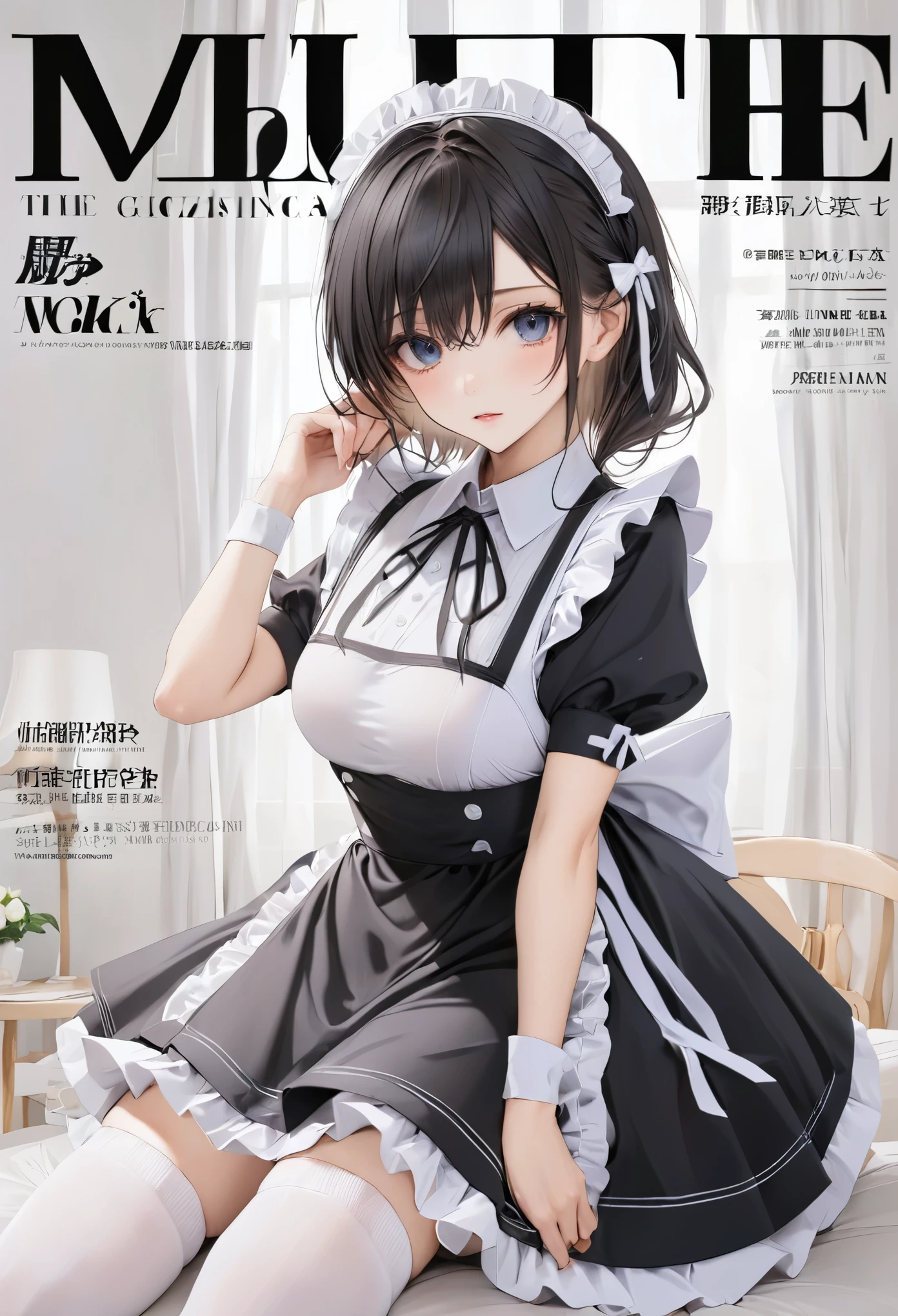 Magazine cover(masterpiece, best quality:1.2),Maid，（（（The eyes are delicate）））Work（（Maid衣服））Socks，（8K）（HD）