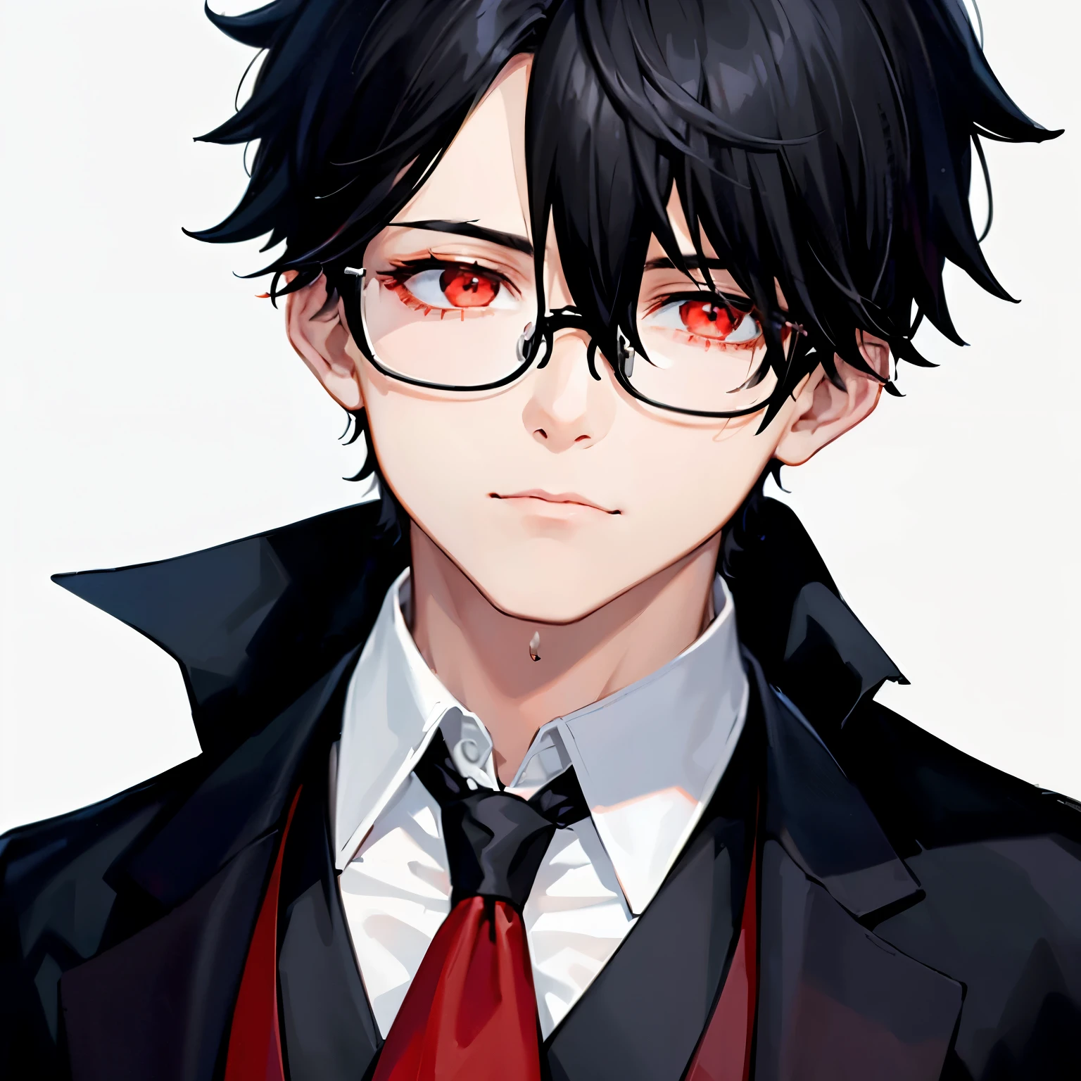 1boy, black_medium_hair, asymmetrical_bangs, glasses, red_waistcoat, white_dress_shirt, navy_blue_ascot_tie