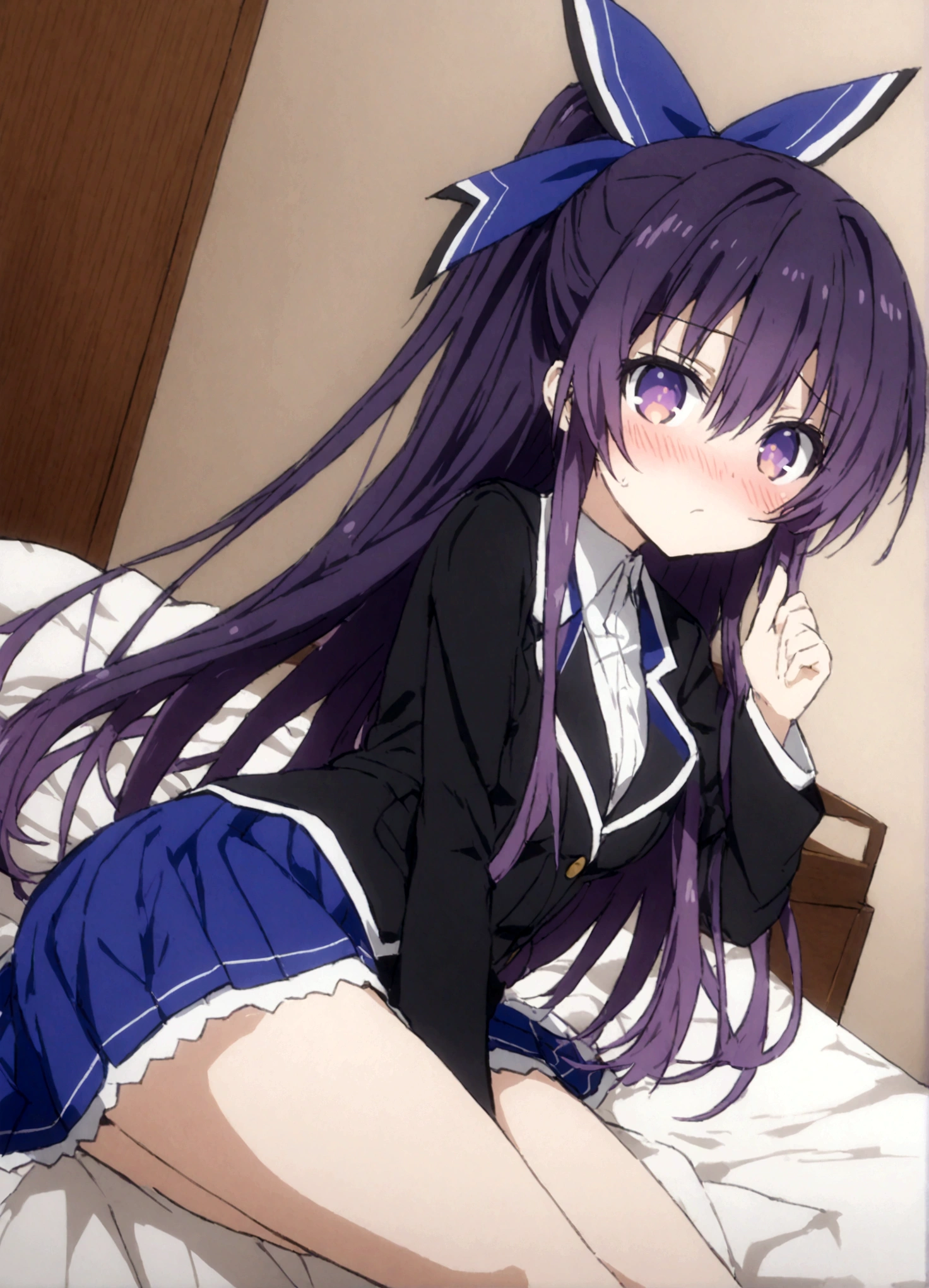 score_9, score_8_up, score_7_up, source_anime,
tookayatogami, tooka yatogami, hair ribbon, purple eyes, purple hair, long hair, ribbon,
raizen high , , blazer, black blazer, skirt, blue skirt,
indoors, bed, bed room, on side, blush, drunk,
looking at viewer, solo, cowboy shot, dutch angle,