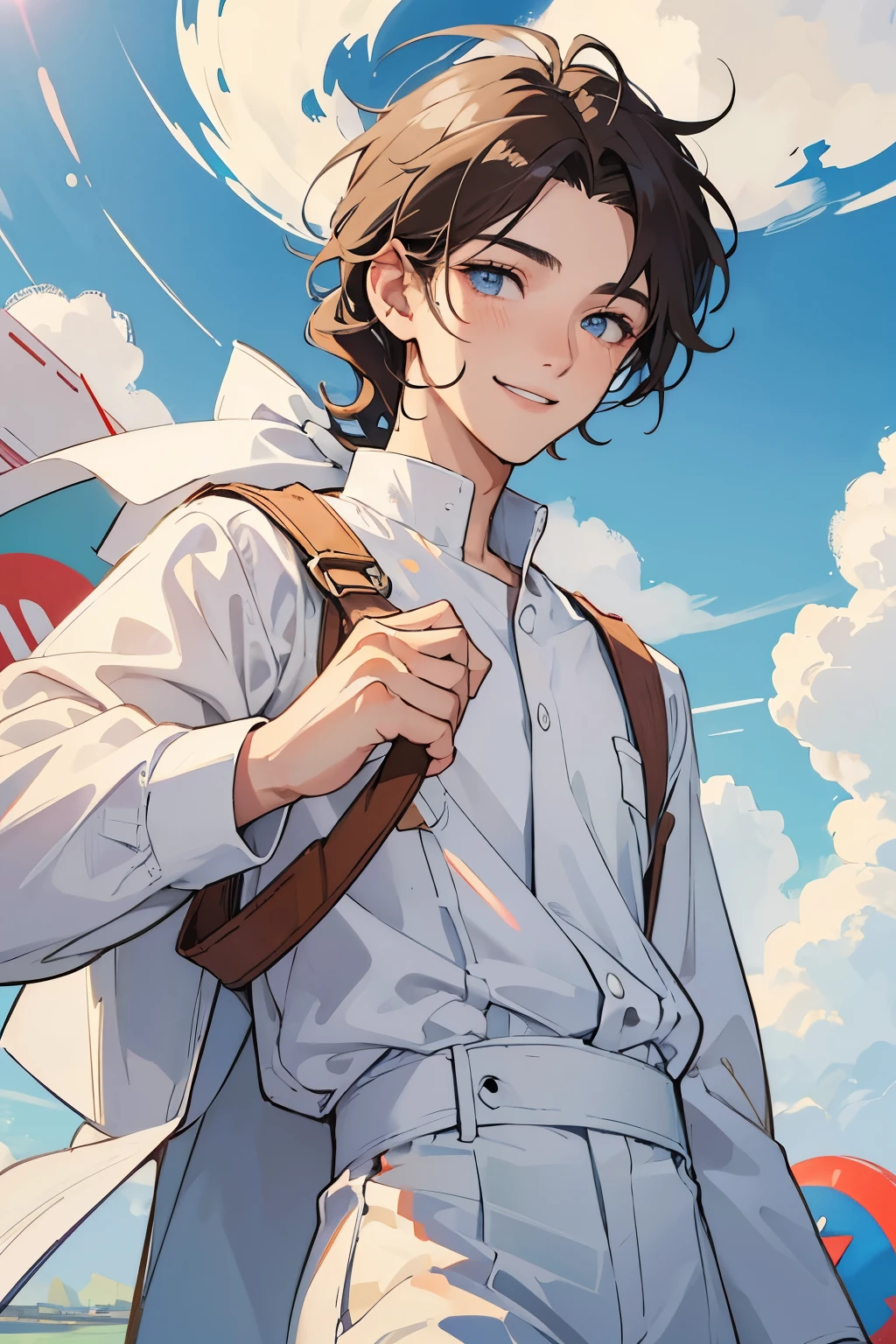 He has short chin length and a youthful face, he is a teenager with white flowy clothes. He looks cheery and innocent, smiling, seventeen years old, plane clothes