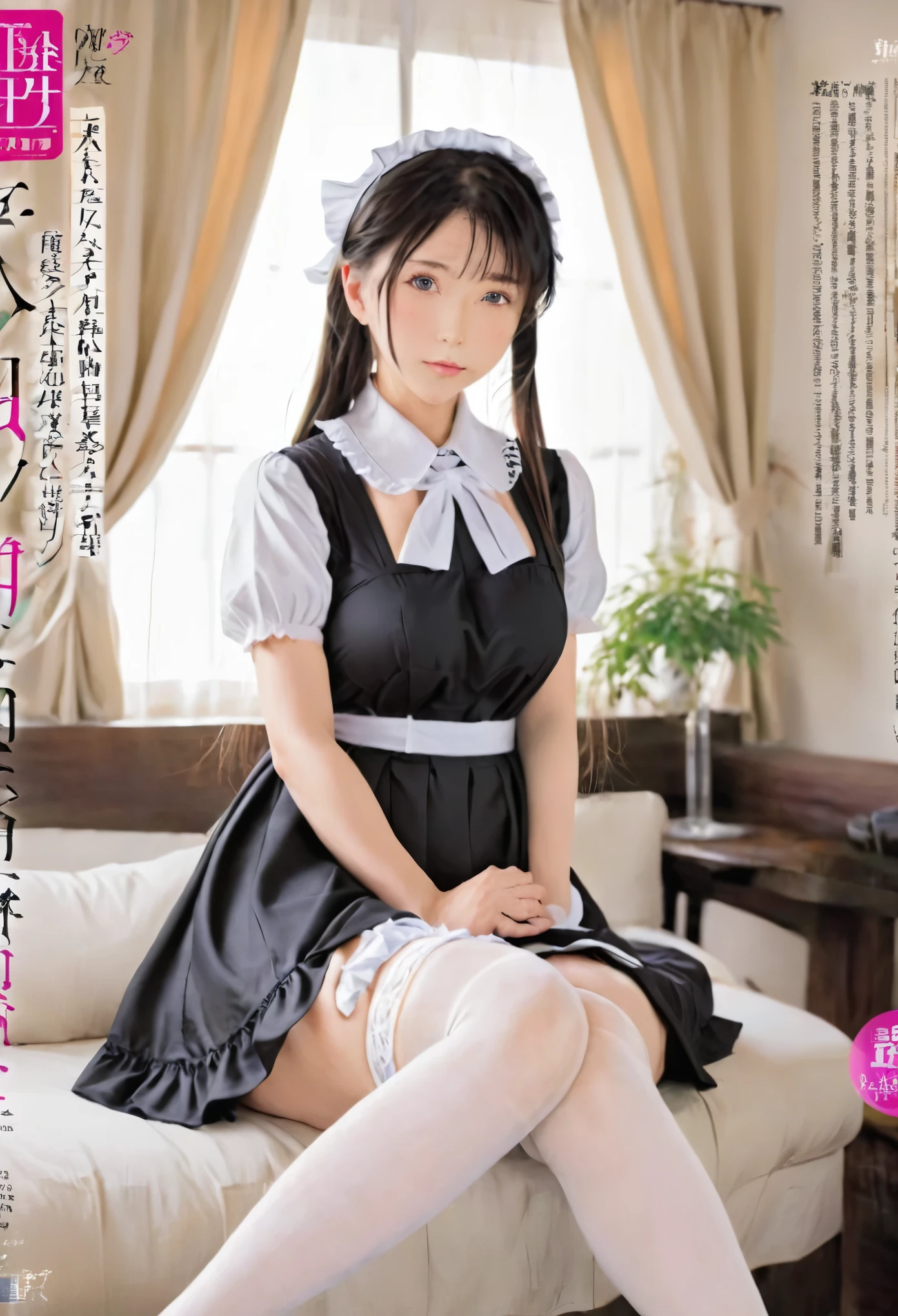 Magazine cover(masterpiece, best quality:1.2),Maid，（（（The eyes are delicate）））Work（（Maid衣服））Socks，（8K）（HD）
