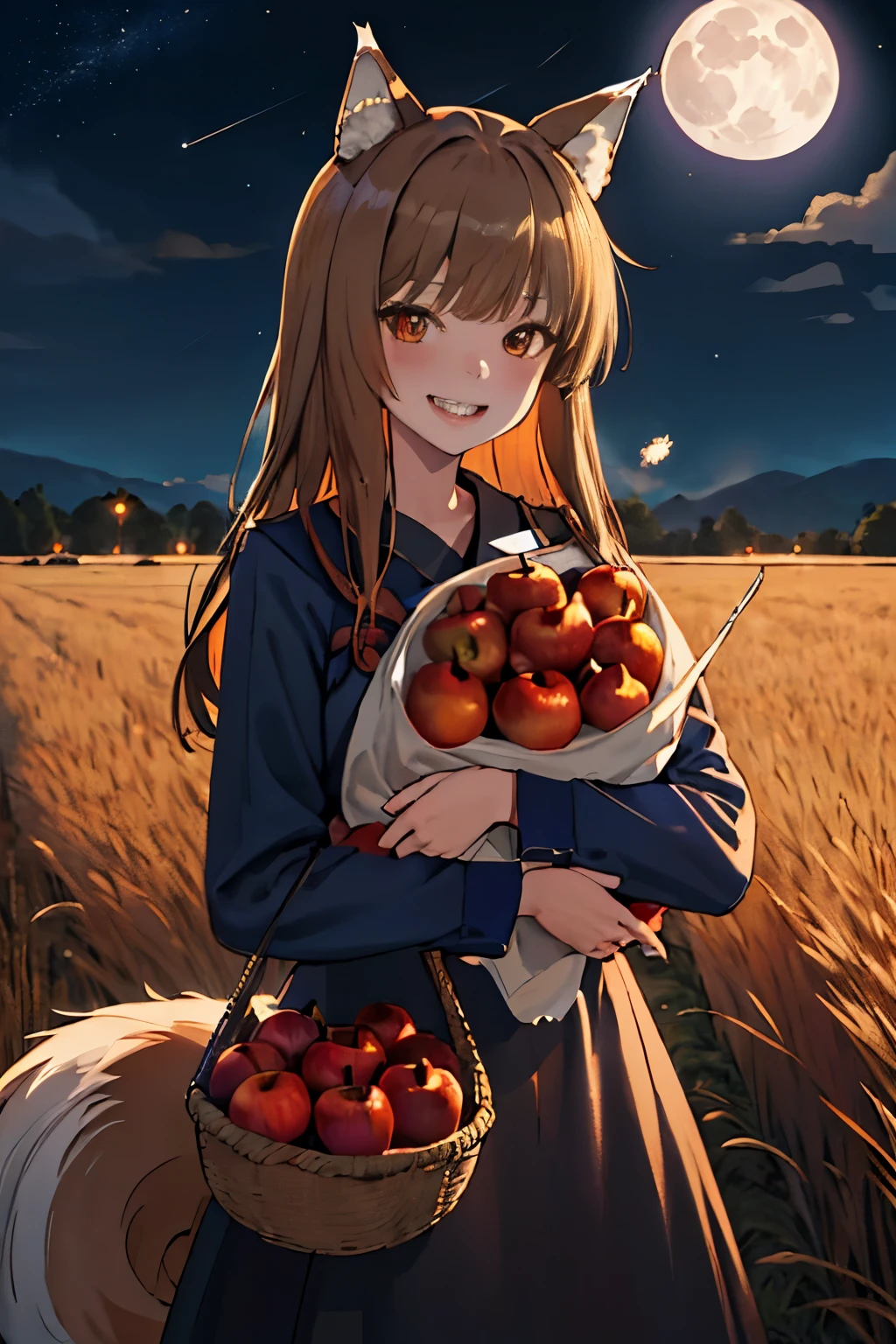 highest quality、High resolution、1 girl、alone、holo、犬teeth、teeth、(Bangs alignment、Light brown hair、Wolf Ears、Ending、Run、Navy Blue Dress、Wheat field at night、full moon、Has a big tail、She has an apple