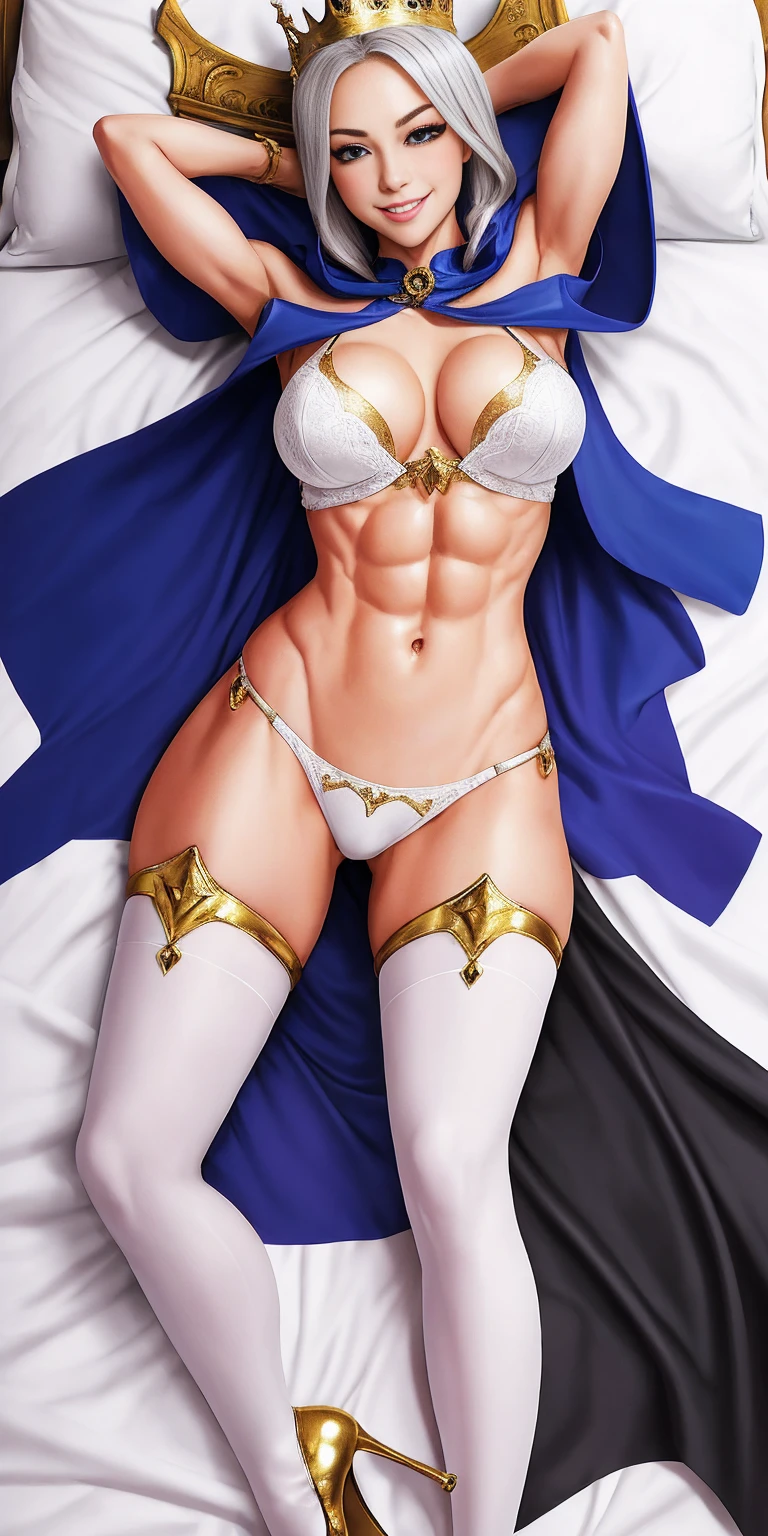 extremely long hair, ponytail, perfect anatomy 1girltallsolo, slim thick, ((muscular)) high elf toned body, silver breast plate, blue cape, slender abs, hourglass waist, detailed face, defined cheekbones, puffy lips, gauntlets, gold crown, shadow over eyes, looking at viewer, masterpiece, white thigh highs lingerie, lustful smirking smile face red blushed red cheeks, 2 high heels feet together, 1girlsolo bdsm bedroom dakimakura (medium) lying on back on bed