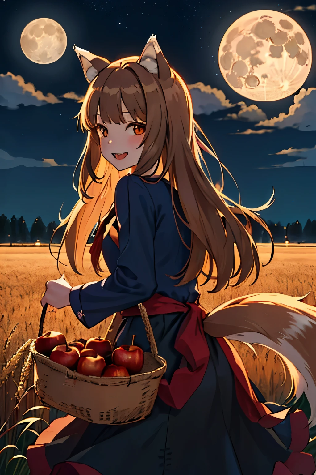 highest quality、High resolution、1 girl、alone、holo、犬teeth、teeth、(Bangs alignment、Light brown hair、Wolf Ears、Ending、Run、Navy Blue Dress、Wheat field at night、full moon、Has a big tail、She has an apple