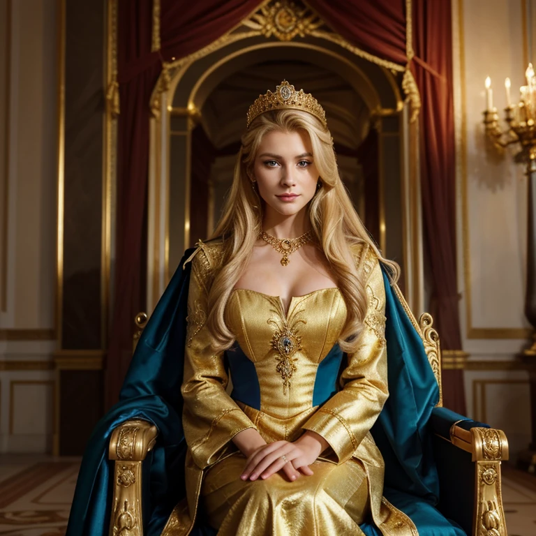 (masterpiece, mate, high quality, best quality) king and queen. magnificent and luxurious work clothes. a young king with perfect blonde hair, blue eyes giving the impression of a handsome man, sitting on a throne with a queen. with gold color dress, beautiful facial features, royal portrait, queen with long black hair, resin colored hair, white skin, bright gold dress. Background: Royal garden at night. golden-haired blue-eyed king, 24 years old, detailed face, dashing man. the queen wears a green dress with a neckline, the male king in a royal costume, gold details, gold ornaments, looks at the camera with a smile