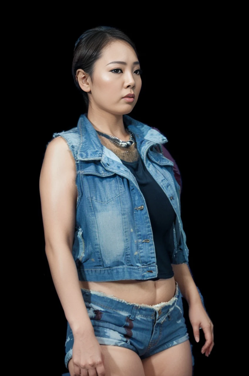 Indonesian woman, thick body, cold atmosphere , thick cheeks , full body , random pose, wavy short hair , thick hips, 40 years old , slightly fat arms , slightly fat belly , thick thighs pants
