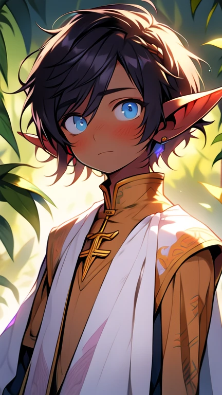 Best quality, Super detailed illustration, Warm colors, Ideal lighting, perfect detail, dark elf boy, tired look, dark circles under the eyes, dark skin ,Elven ears, femboy, short hair, dirty hair, lilac eyes, Priest's clothes, flat chest, Bright eyes, full length