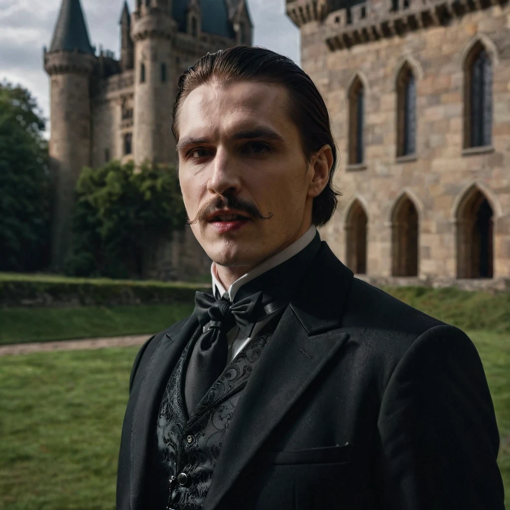 a vampire with a mustache, pale skin, sharp fangs, wearing a black suit and tie, standing in a dark gothic castle interior, moonlight streaming through stained glass windows, dramatic lighting, moody atmosphere, highly detailed, cinematic composition, dark fantasy art