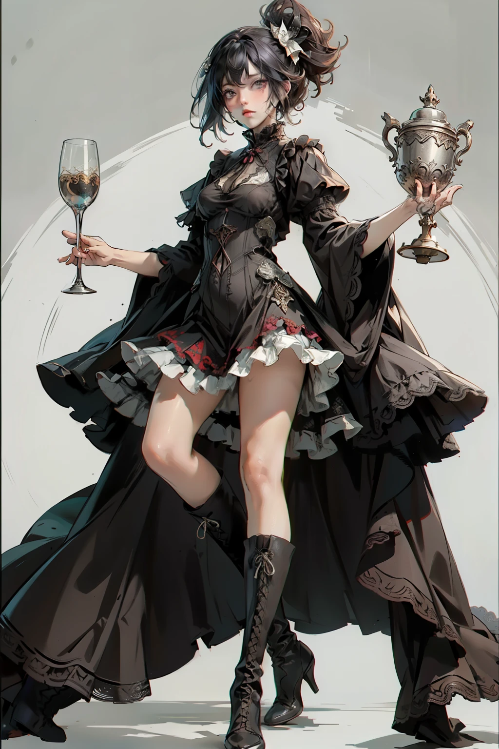 ((best quality)), ((masterpiece)), (detailed), blank white background, plain background, white background, red and white clothing, Bloodborne inspired,  occult aesthetic, occult, detailed and intricate steampunk and detailed gothic, NSFW, Very dramatic and cinematic lighting, cosmic horror, grim-dark, side-lighting, perfect face, NSFW, Fluttering lace flared long knee length dress with frilly petticoats, knee length dress, pleated petticoats, lolita dress, petticoats gothic lolita, complex lace boots, side-lighting, gothic lolita aesthetic, with a huge overflowing chalice, chalice, NSFW, beautiful small breasts, small breasts, full body, whole body, body, plain background, white background, blank background, no background, white background NSFW, full body, whole body, head-to-toe NSFW