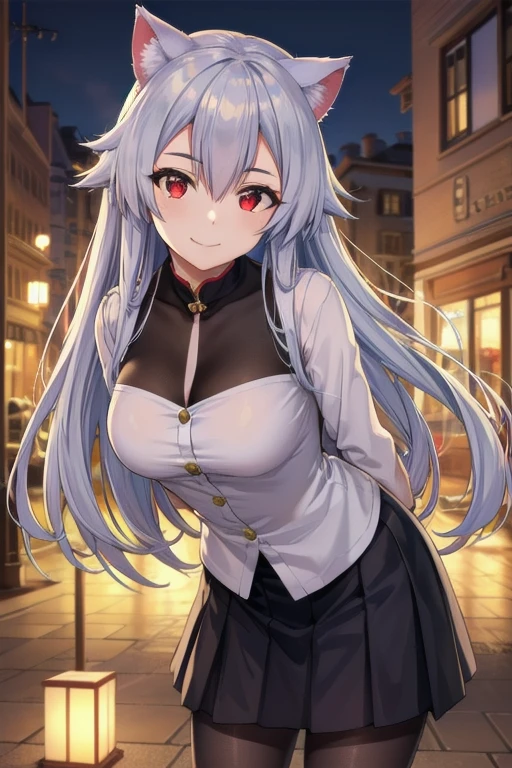 masterpiece, best quality, 1girl, tomoe gozen, torino style, glowing red eyes, smug smile, silver long hair, cat ears, skirt, pantyhose, blouse, hands behind back, leaning forward, ultra-detailed, 8k, photorealistic, dramatic lighting, cinematic, elegant, serene, mysterious