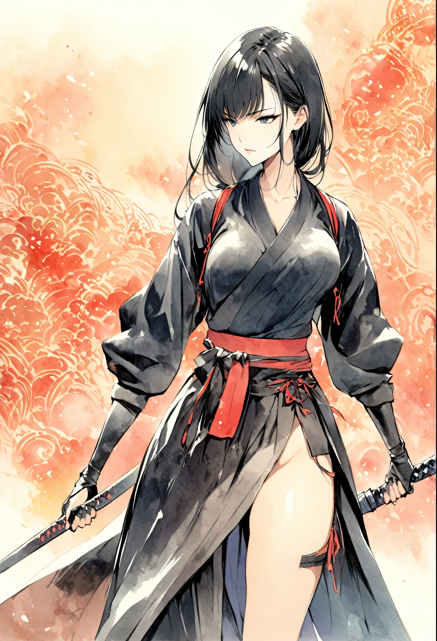 masterpiece, Best quality, Drawing of a black-haired futuristic female ninja illustration, watercolor (medium), 1girl, breast, Dressed in sophisticated modern ninja costumes,Equipped with traditional and technological weapons. She has long black hair,Tied with a red ribbon and a symbol。She must be wearing a high-end black outfit with red accents,These include letters. She holds a dagger,The hilt and scabbard have intricate patterns. The background is the Edo period, Five fingers, Right fist.