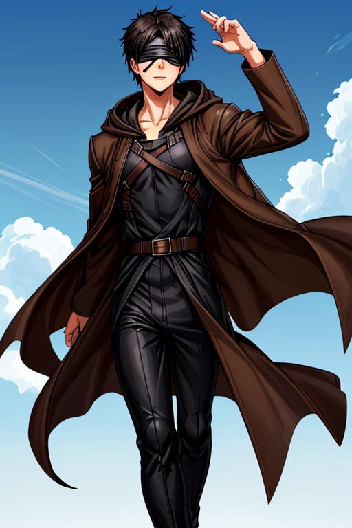 detailed, better quality, anime, boy, perfect face, happy, black hair, short hair, white blindfolds with black details, blue sky, clear sky, brown tunic, black pants, brown hood, brown overcoat, don't use a cover, close image