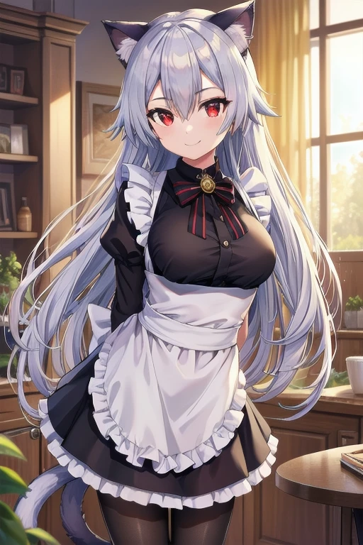 masterpiece, best quality, 1girl, tomoe gozen, torino style, glowing red eyes, smug smile, hair between eyes, silver long hair, cat ears, skirt, pantyhose, maid outfit, hands behind back