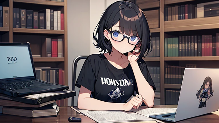A girl with glasses eating sweets alone late at night,Plain,Black-rimmed glasses,Short Hair,My hair is messy,Confused eyes,Small breasts,「The demon appeared」A T-shirt with the words,Grey Swit,Private room,background(Stacked Gundam models,Bookshelf with comics,DS,PSVita,Gundam poster,Laptop on desk),more detailed,{masterpiece},high quality,perfect face,perfect hands