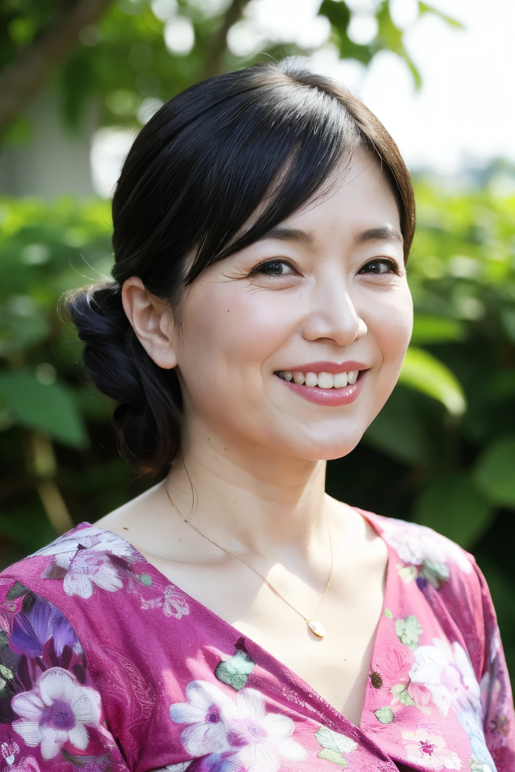 最high quality, In 8K, Masseter muscle area, Lifelike, Sharp focus, high quality, High resolution, Detailed face, Detailed eyes, Thick lips, (Look at the viewers), solo, Middle-aged women, Beautiful woman, 55 years old, plum, Beautifully styled hair, Cleavage, Brightly colored patterned dress, Afternoon in front of the park garden, Wrinkles around the eyes, Toothy smile