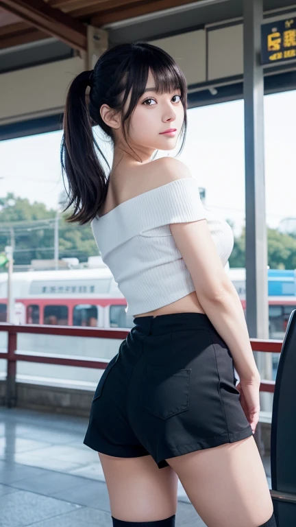 8K、Detailed Description、Very high definition、Realistic、reality的、Real、live-action、reality、High resolution、Nogizaka46、japanese idol,beautiful girl、21 years old、Dark brown eyes、sunny、summer、blue sky、Railway stations、Are standing、Back view、look back、Off-the-shoulder tops、Short black shorts、over the knee socks,Straight Hair、Short ponytail、Bangs、blunt bangs,light smile,closed mouth,Knee-up-top angle of view、Back view、look back、Very black hair、pretty girl、Beauty、Glowing Skin、Glowing Skin、Shiny Hair、Hair blowing in the wind、Very white skin、Heavy makeup、Large 、Slit eyes、Big Eyes、Dark brown eyes、Double eyelids、Don&#39;t show your teeth、Hang the bag over your shoulder