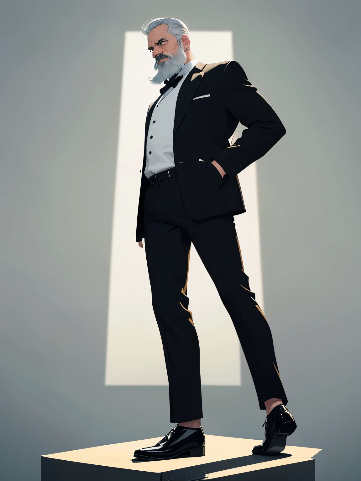 1Adult, 50 years old, white hair, Narrow eyes, Korean,White long shirt, black tie, black trousers,,mustache and beard, black eyes, standing,At night,Facing right, camera angle from the side, photo from the side, looking away ,half body photo