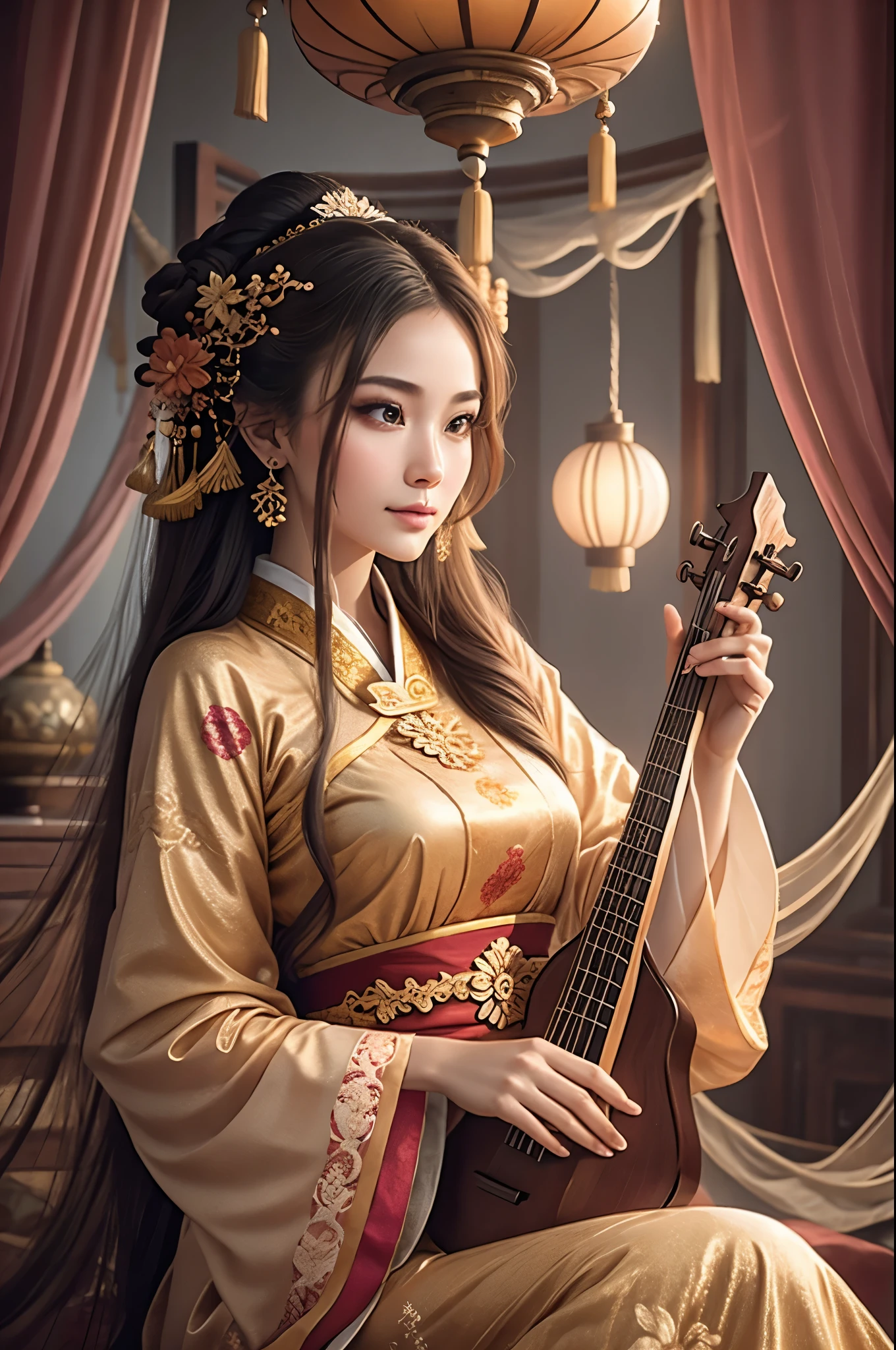 /I Bathed in the warm, golden light of sunset, a woman dressed in exquisite traditional Chinese attire is immersed in an intimate moment of creation. The elegant patterns on her garment blend seamlessly with the rich cultural heritage of the room. Red lanterns hang softly in the background, their glow adding to the serene ambiance. Wisps of incense smoke dance around her, as she delicately handles what appears to be a musical instrument, maybe a guqin, contributing to the tranquility of this scene that seems suspended in time
