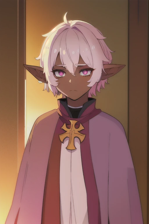 Best quality, Super detailed illustration, Warm colors, Ideal lighting, perfect detail, dark elf boy, tired look, dark circles under the eyes, dark skin ,Elven ears, femboy, short hair, dirty hair, lilac eyes, Priest's clothes, flat chest, Bright eyes, full length