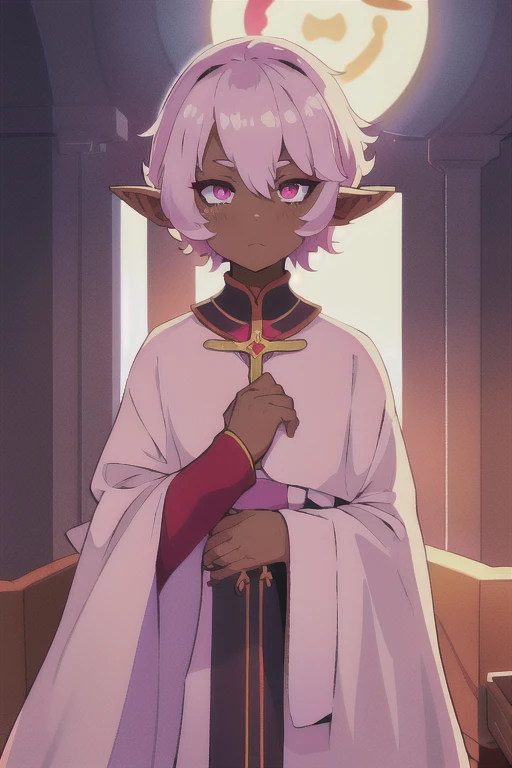 Best quality, Super detailed illustration, Warm colors, Ideal lighting, perfect detail, dark elf boy, tired look, dark circles under the eyes, dark skin ,Elven ears, femboy, short hair, dirty hair, lilac eyes, Priest's clothes, flat chest, Bright eyes, full length