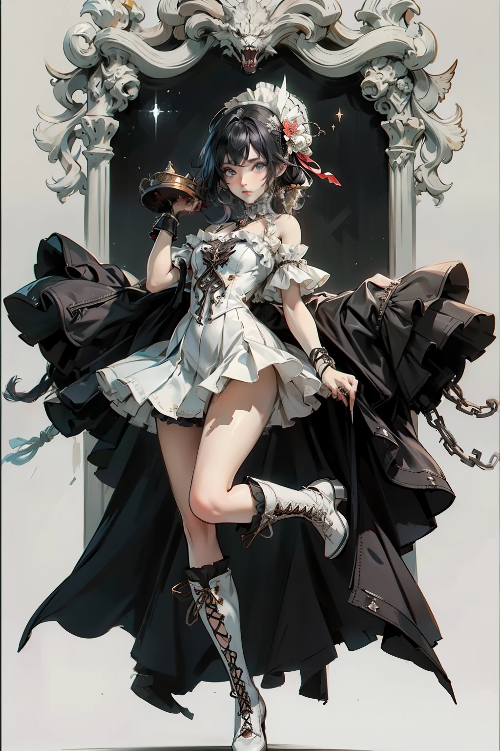 ((best quality)), ((masterpiece)), (detailed), blank white background, plain background, white background, red and white clothing, Bloodborne inspired, occult aesthetic, occult, detailed and intricate steampunk and detailed gothic, NSFW, Very dramatic and cinematic lighting, cosmic horror, grim-dark, side-lighting, perfect face, NSFW, Fluttering lace flared long knee length dress with frilly petticoats, knee length dress, pleated petticoats, ta dress, petticoats gothic lolicomplex lace boots, side-lighting, gothic lolita aetic, with a huge overflowing chalice, chalice, NSFW, beautiful small breasts, small breasts, full body, whole body, body, plain background, white background, blank background, no background, white background NSFW, full body, whole body, head-to-toe NSFW