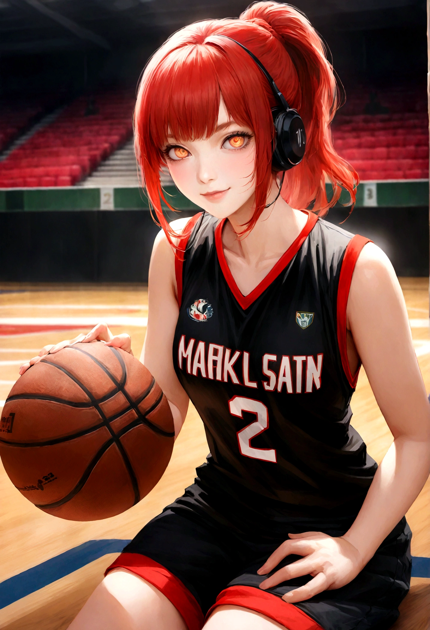 Create a high-resolution illustration of Makima from the manga "Chainsaw Man" in a realistic yet anime-inspired style, similar to the images provided. The character should have distinct features: large expressive eyes with realistic shading, long red hair tied in a ponytail with natural highlights, and a mysterious smile. She is wearing a modern basketball jersey in red and black with the number 23, along with matching shorts and stylish sneakers. Optionally, include accessories like headphones or sunglasses to add personality. The background should depict an indoor basketball court with realistic textures, including wooden flooring, bleachers in the background, and spotlights illuminating the scene. Use a vibrant color palette with strong contrasts and realistic lighting effects. The art style should blend realistic proportions and details with the vibrant, dynamic aesthetic of Japanese anime. Include elements such as a digital scoreboard and subtle court wear and tear to enhance the basketball atmosphere. Ensure the style remains consistent for each character, with careful attention to detail and a polished finish.