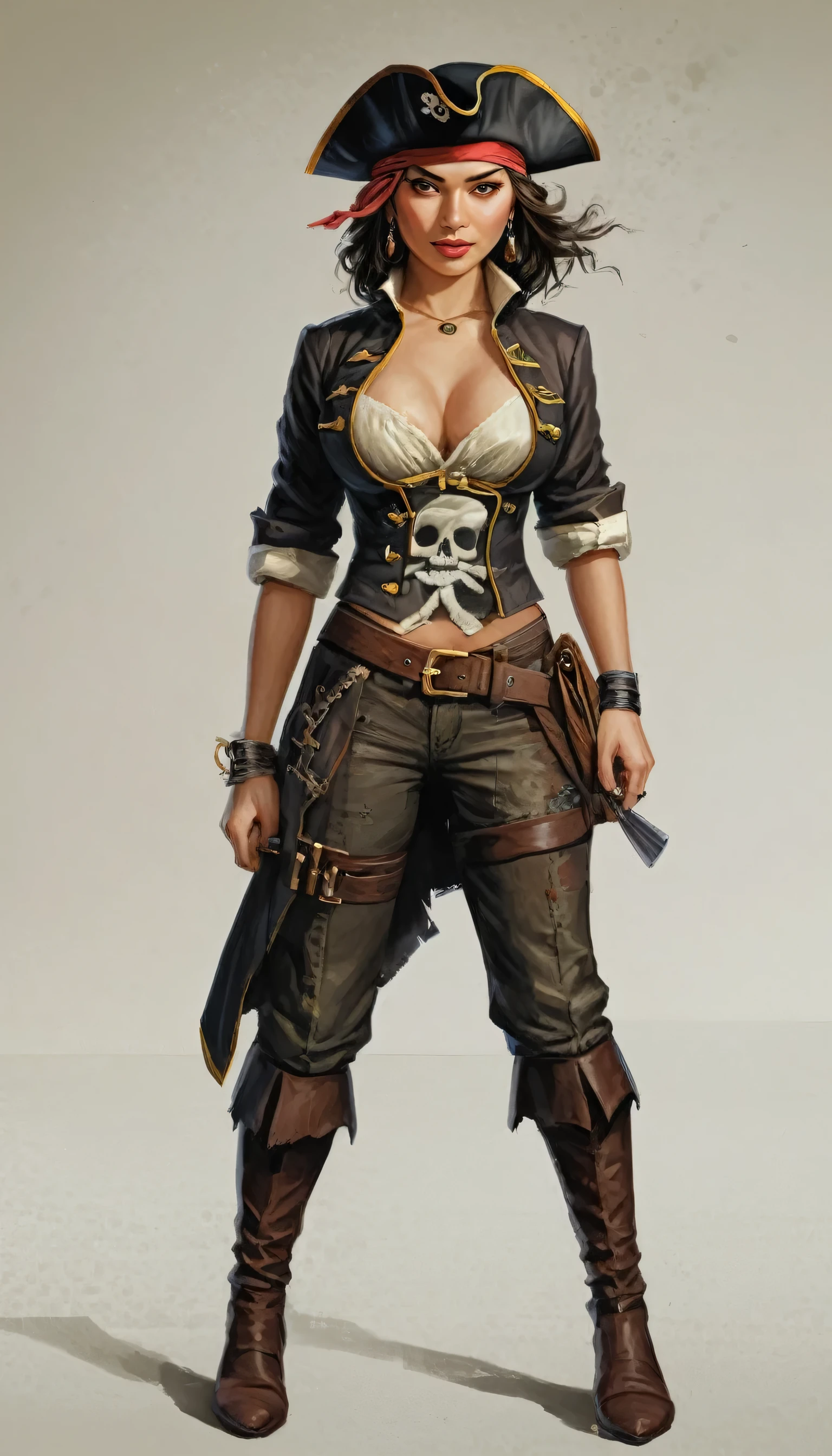 Illustrated movie poster, hand drawn, full color, Girl of Asian appearance, dark hair, dark eyes, big breasts, pirate captain clothes, neckline, pirate hat on head without emblem, brown clothes, pants on legs, black eye patch, high detail, triangular hat without symbols and icons, black patch on left eye, very beautiful face, sharp facial features, shows ass, bent over, big ass in the frame, the girl stands with her back and bent over, sexy pose hard shadows, graphite shade, stencil signs, acrylic paint, airbrushed, masterpiece, в стиле Grand Theft Auto V