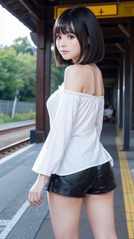 8K、Detailed Description、Very high definition、Realistic、reality的、Real、live-action、reality、High resolution、Nogizaka46、japanese idol,beautiful girl、21 years old、Dark brown eyes、sunny、summer、blue sky、Railway stations、Are standing、Back view、look back、Off-the-shoulder tops、Short black shorts、over the knee socks,Straight Hair、Shortcuts、Bangs、blunt bangs,light smile,closed mouth,Knee-up-top angle of view、Back view、look back、Very black hair、pretty girl、Beauty、Glowing Skin、Glowing Skin、Shiny Hair、Hair blowing in the wind、Very white skin、Heavy makeup、Large Breasts、Slit eyes、Big Eyes、Dark brown eyes、Double eyelids、Don't show your teeth、Hang the bag over your shoulder
